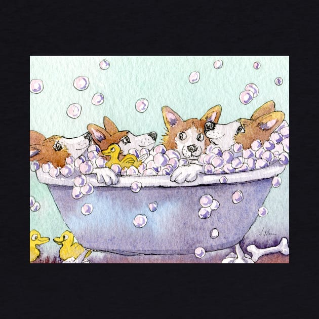 Corgi dogs are saving water by bathing with their friends by SusanAlisonArt